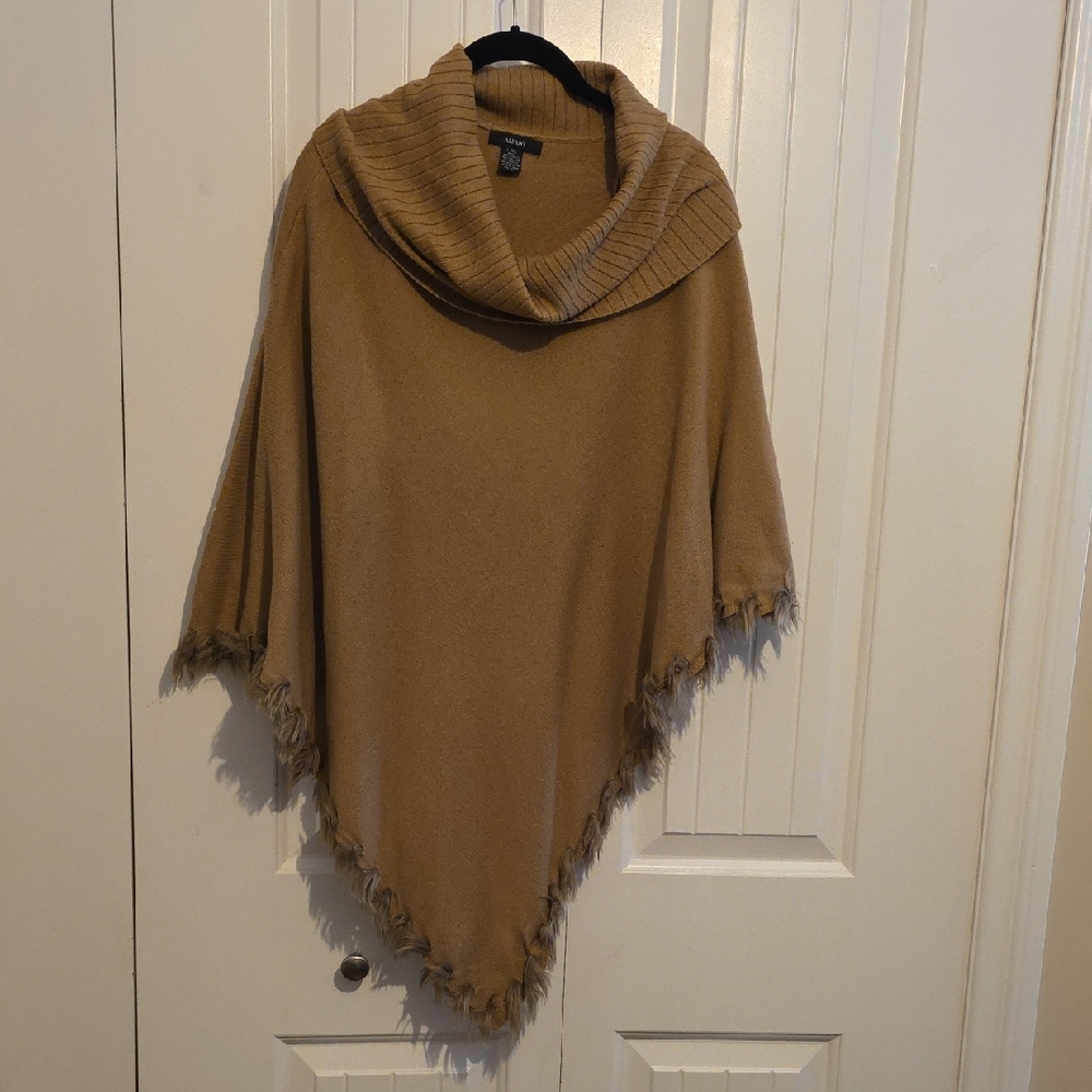 Alfani Camel Cowl Neck Poncho with Fur